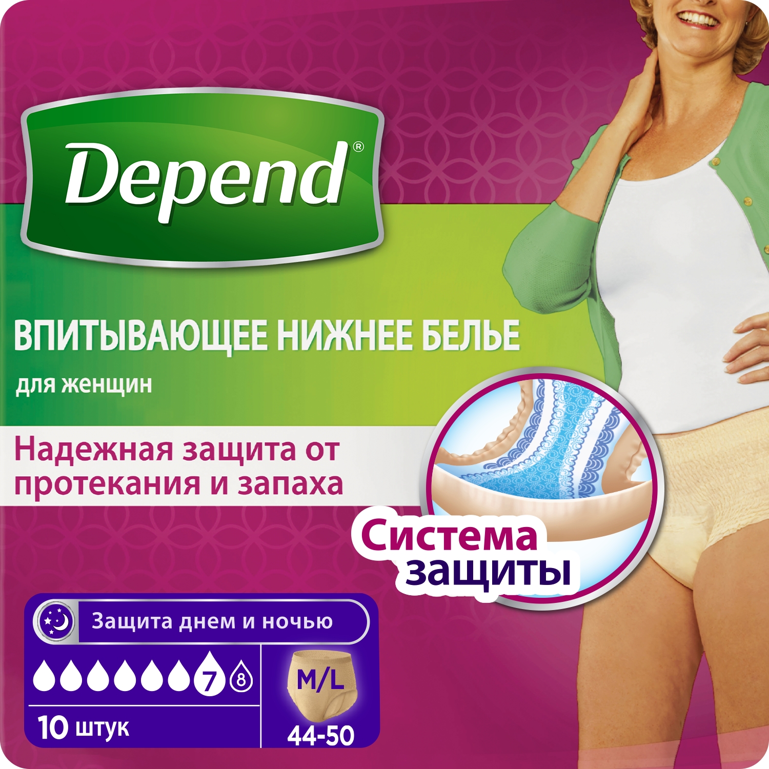 

Депенд трусы-подгузники для женщин р.M/L №8/10